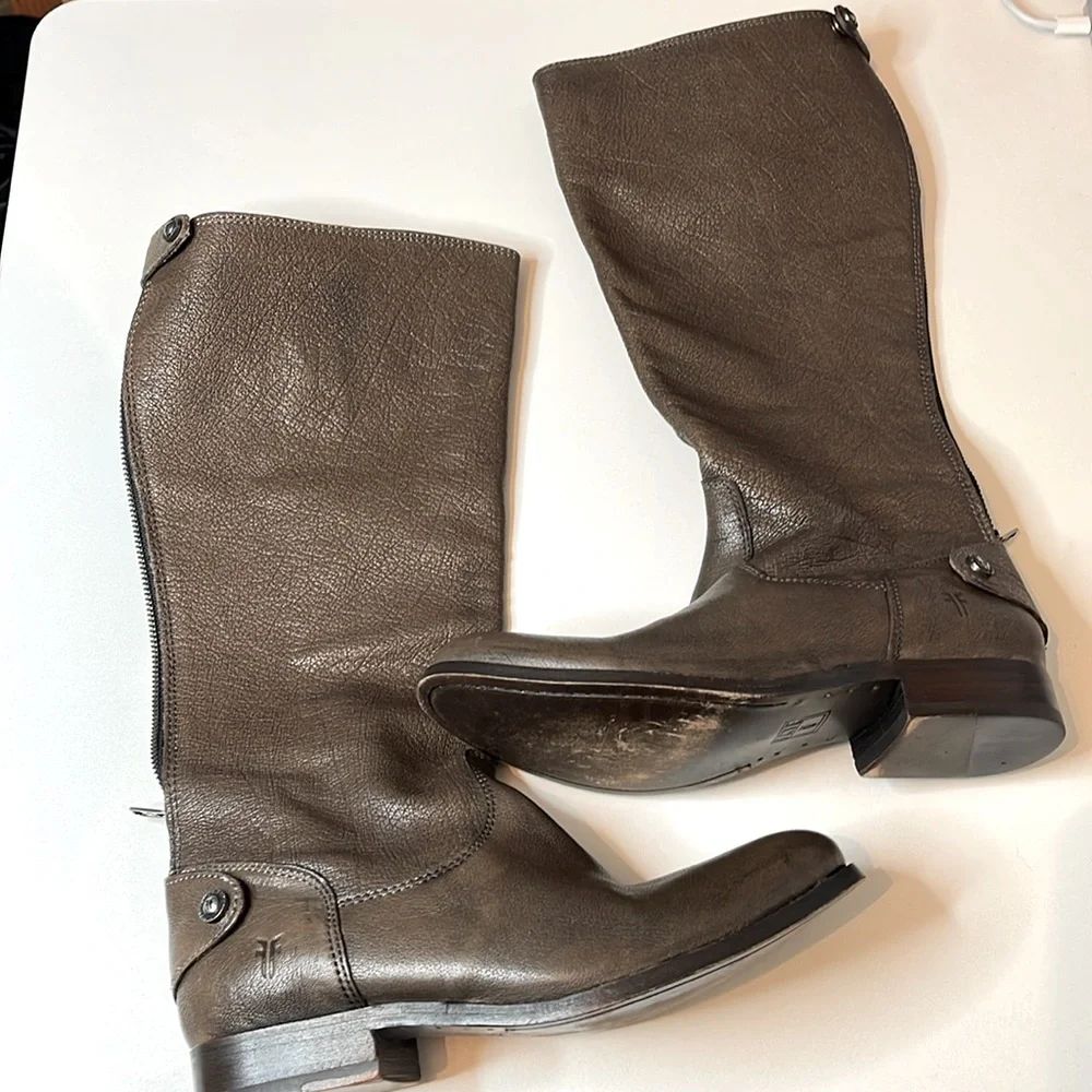 FRYE Melissa Button Back Zip Size 6 1/2 B Knee High Brown Leather Rider Boots - Picture 2 of 8